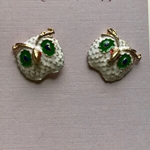 Red Queen Hoot White Teal Gold Owl Earrings